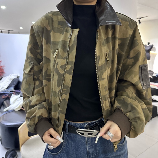 工装收口袖夹克连帽翻领青春活力立领迷彩短款水洗