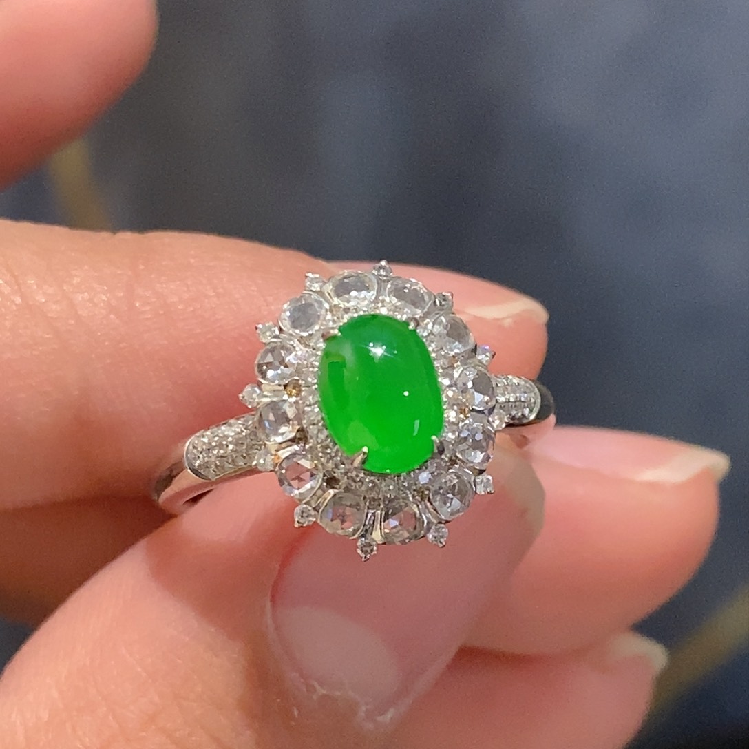 翡翠戒指18K金镶嵌天然缅甸A货翡翠