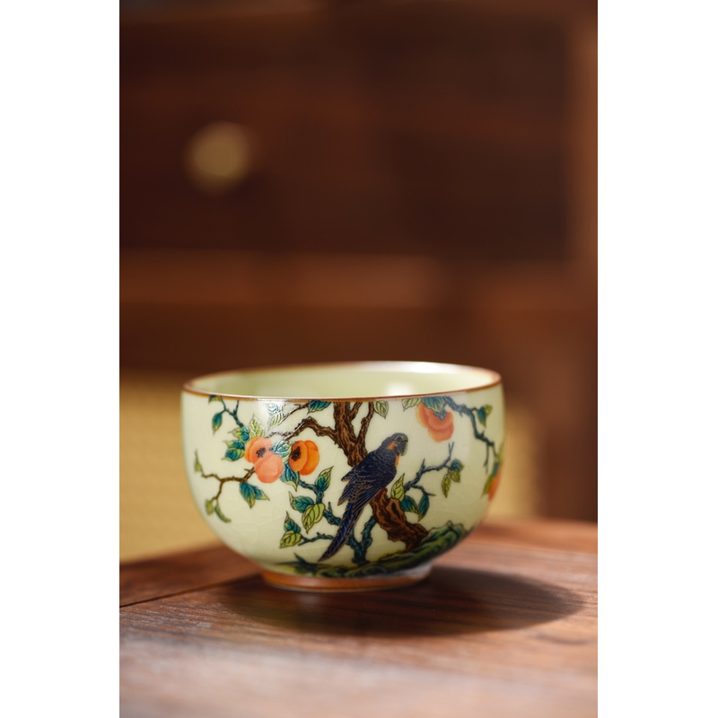 岑汝禅定杯柿柿鹦鹉开片可养主人杯陶瓷