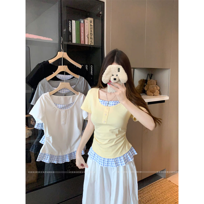 【圆圆脸】大码2025夏新款拼接短袖修身T恤女假两件上衣辣妹小衫