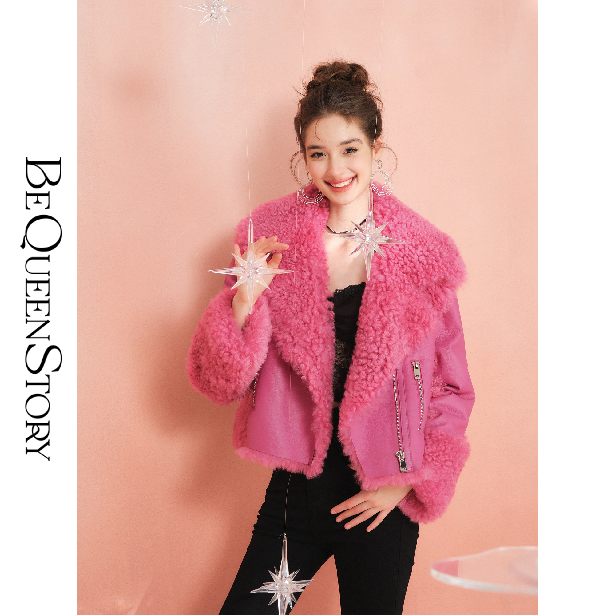 余潇潇【草莓泰迪熊】高定短款侧口袋拉链大翻领皮毛一体外