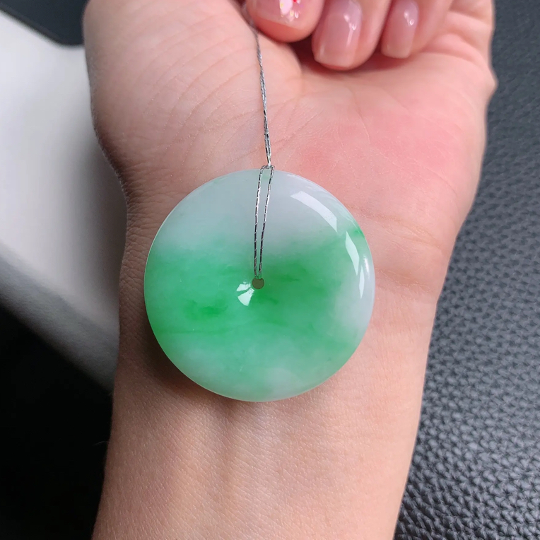 天然缅甸翡翠a货白底飘绿平安扣吊坠32.2x5.5mm