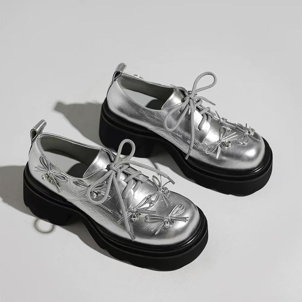 C9634   银色  时尚厚底系带2025新款圆头深口女士乐福鞋