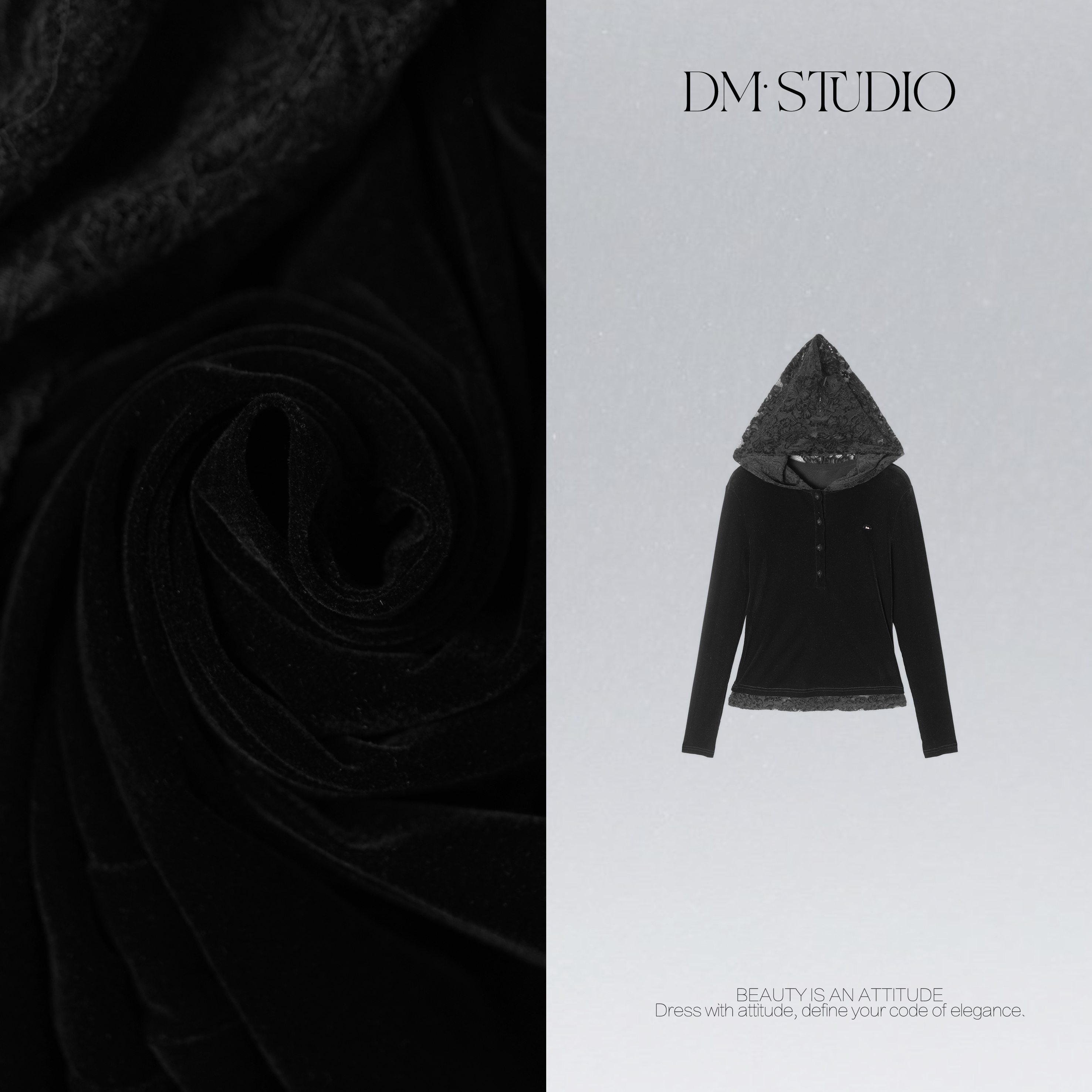 DEDM•STUDIODM/气质减龄小众蕾丝连帽长袖丝绒上衣2508TX/615008