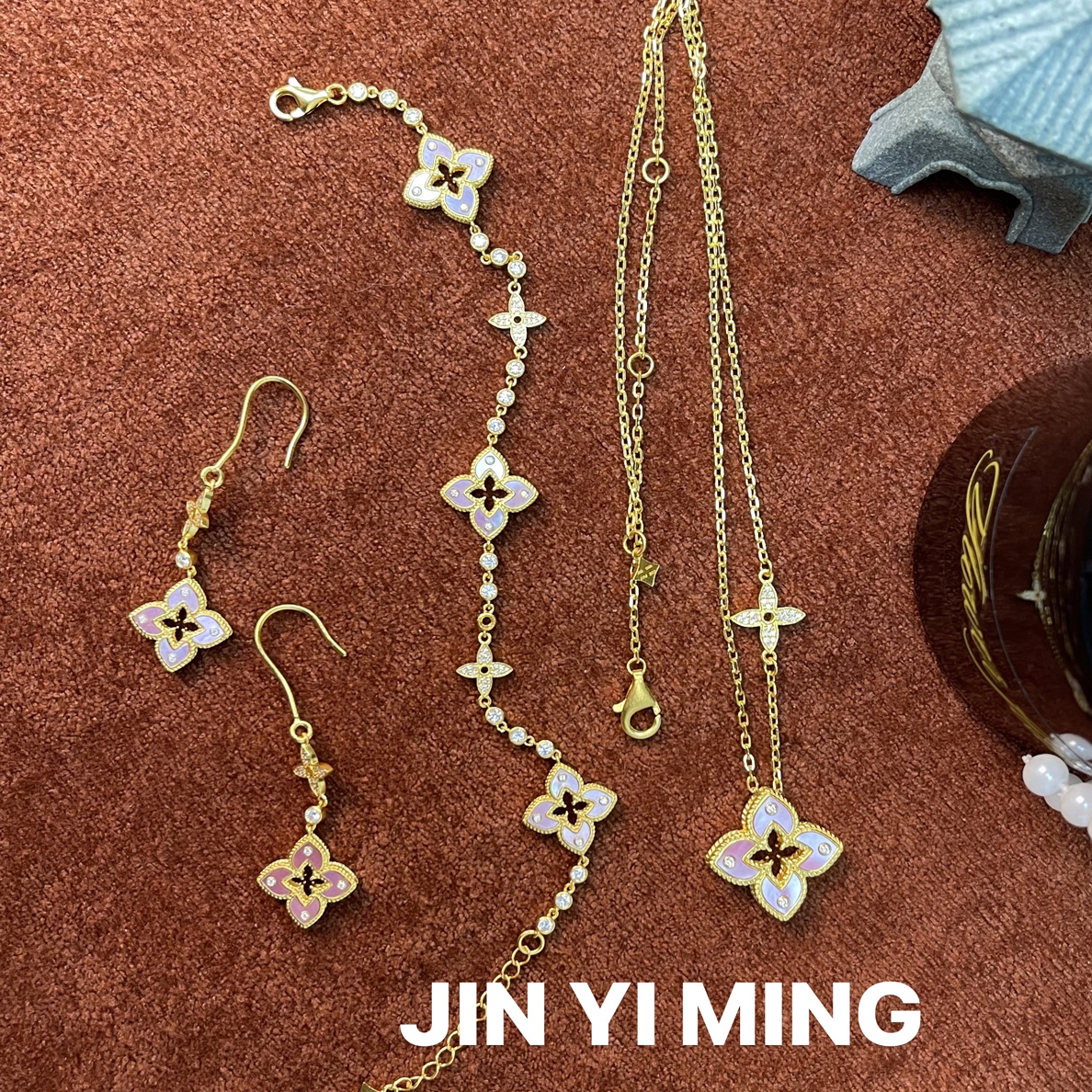 足银莫桑石耳饰 JIN YI MING足银999螺细幸运草耳坠时尚百搭