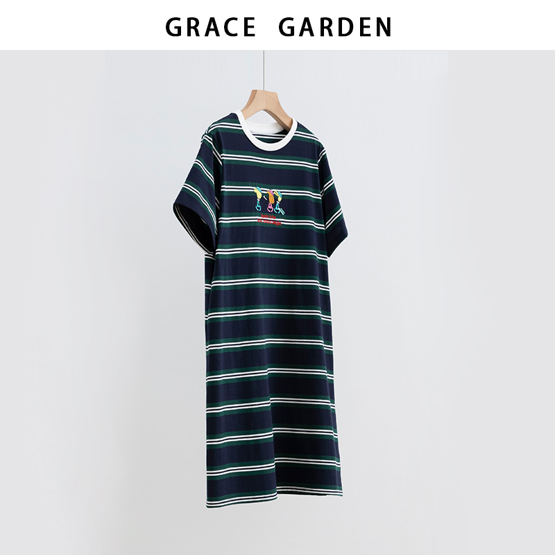 GRACE GARDEN【条纹裙！】领条纹卡通图案T恤连衣裙DR5E1607