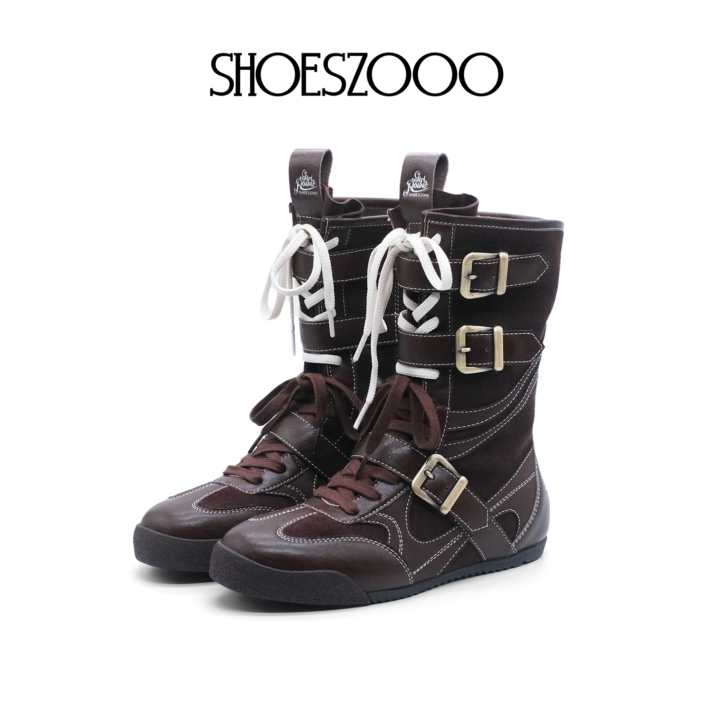 shoeszooo内增高系扣绑带设计感绒面小众中筒复古休闲女靴