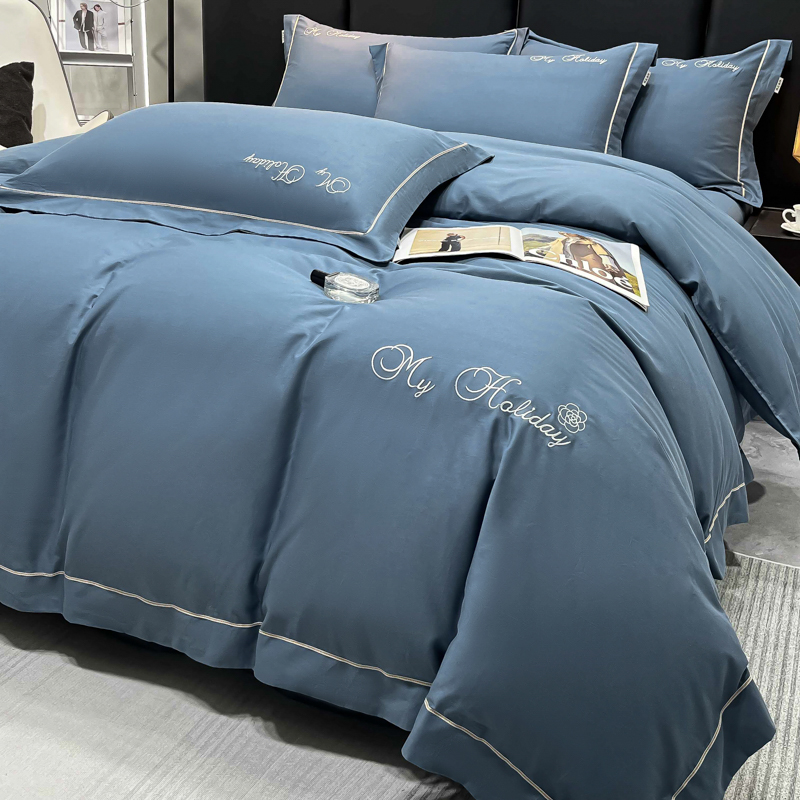 四季新款高档全棉纯棉轻奢刺绣宽边织带纯色简约高端四件套