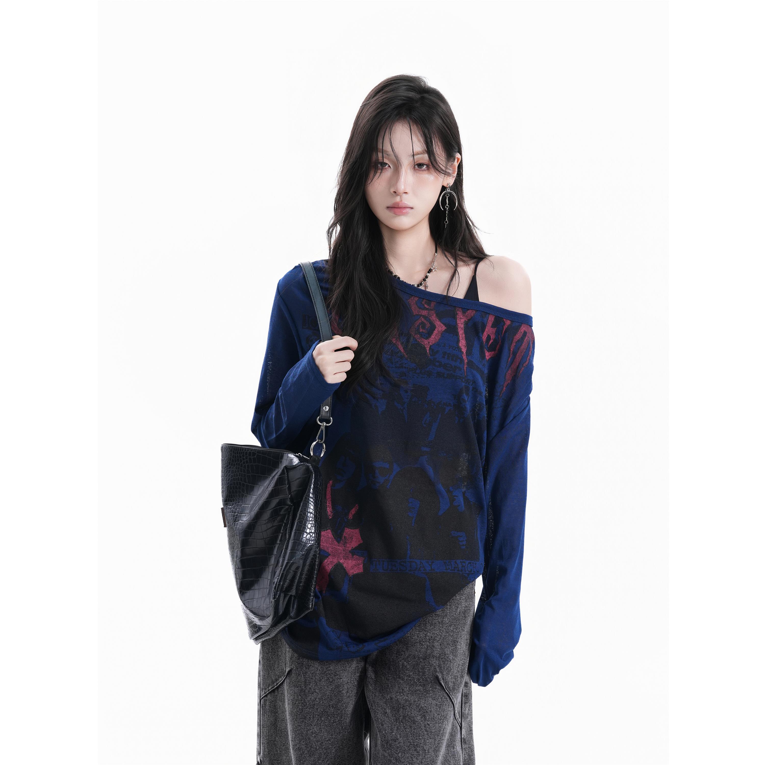 【Mu&Mu】美式设计感涂鸦辣妹露肩长袖T恤女慵懒风宽松罩衫ins