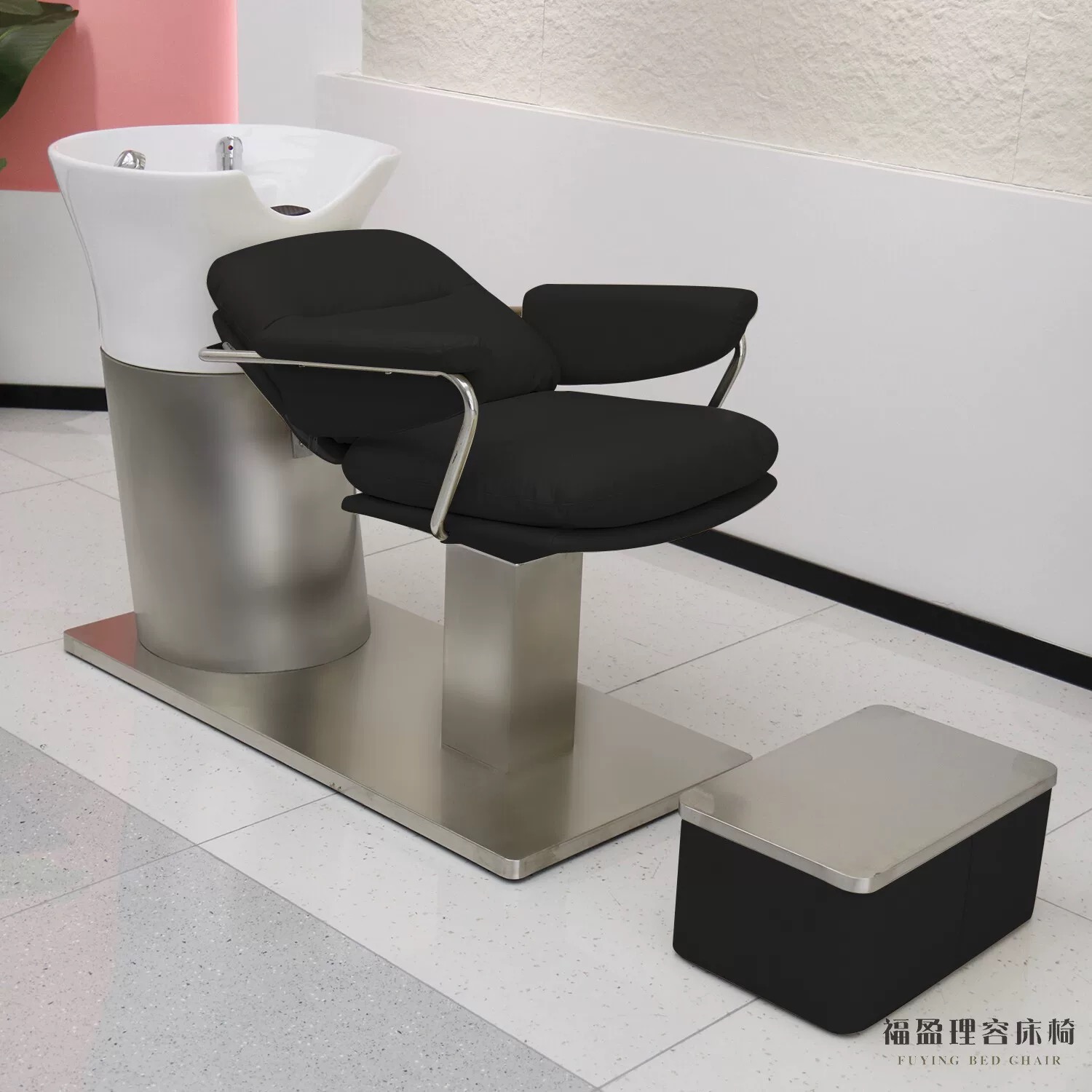 理发店专用陶瓷洗头床半躺式不锈钢冲水床
