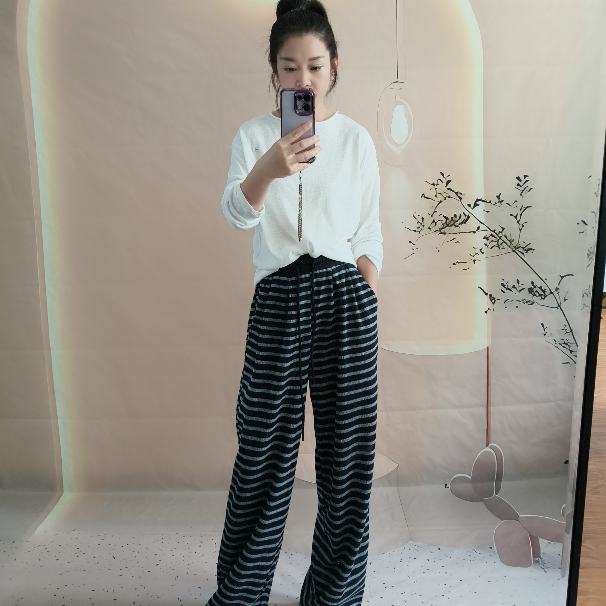 T恤宽松女薄款白色t恤长袖薄款印花百搭纯色休闲圆领6061