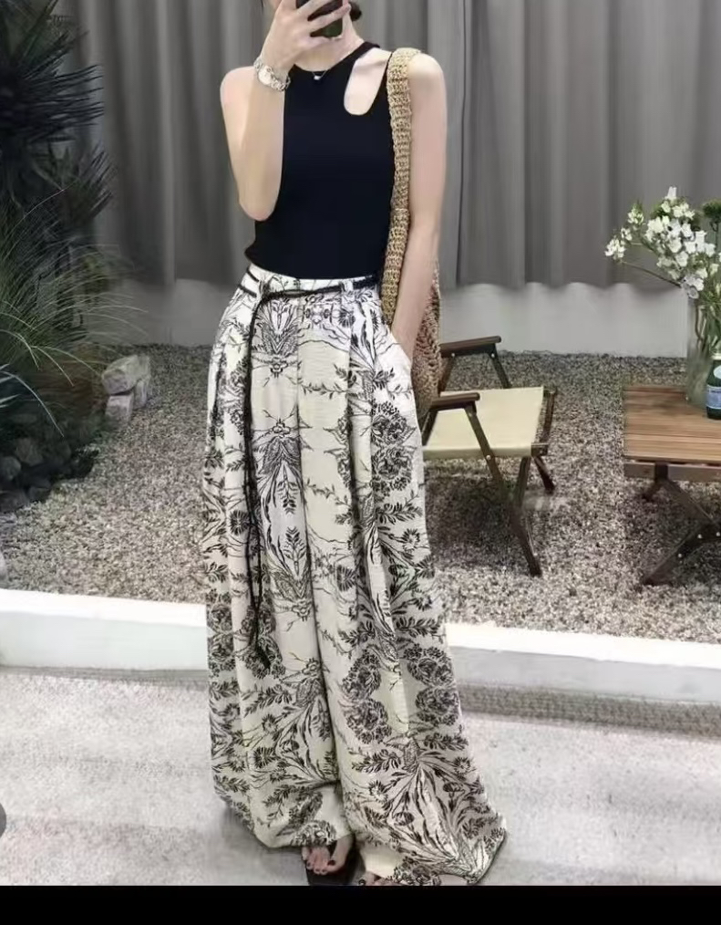 【海南简爱】阔腿裤高腰口袋提花夏季休闲裤印花碎花长裤 66097