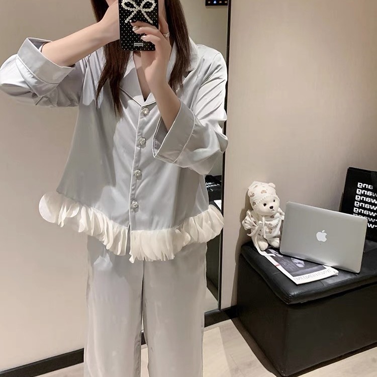 【初沁枫】气质甜美新款睡衣女蝴蝶荷叶边开衫夏休闲两件套家居服