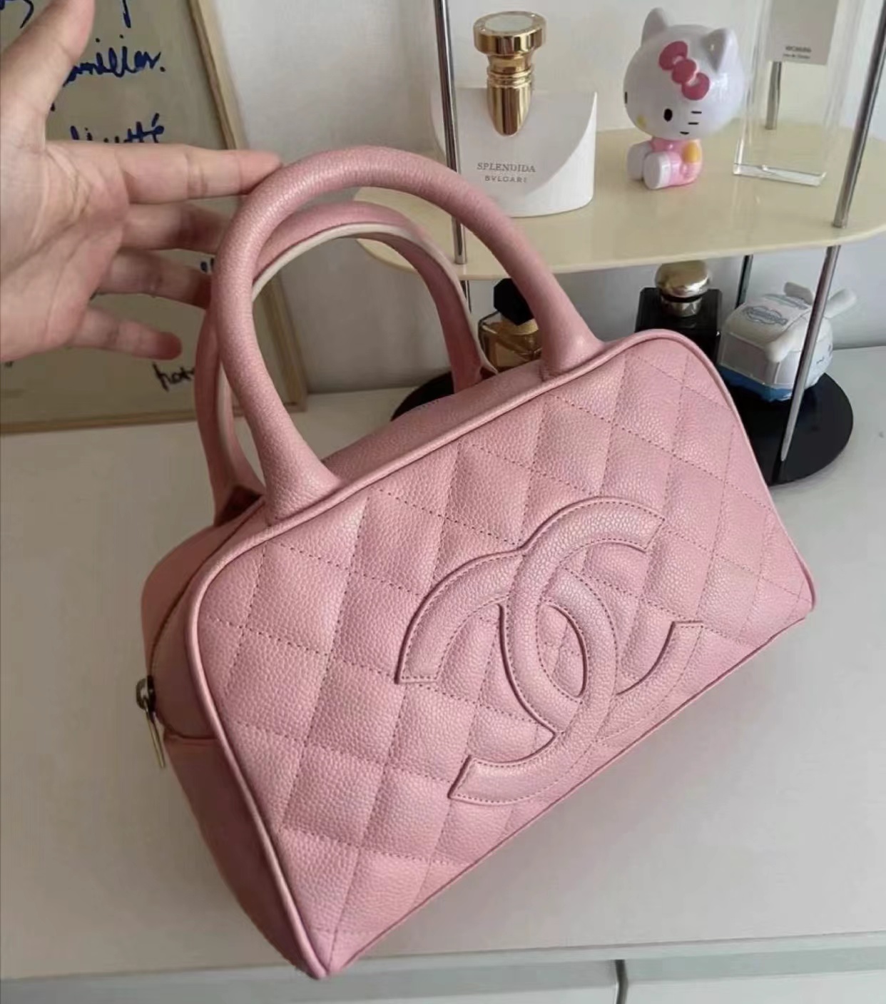 95新 Chanel/香奈儿 粉金鱼子酱小号保龄球 27cm 14321050