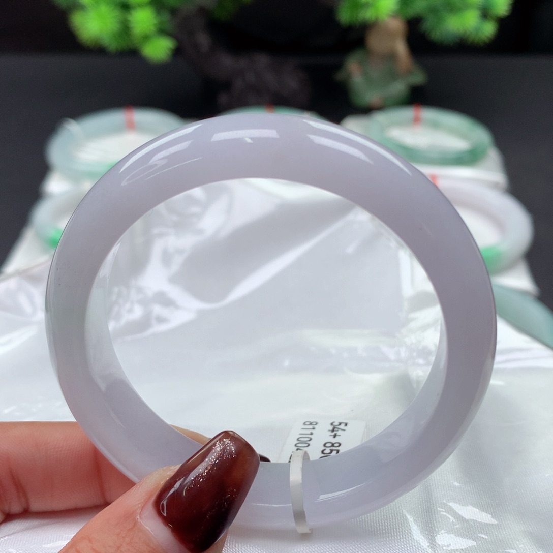 翡翠手镯未镶嵌 正圈54+ 粉紫满色 透亮