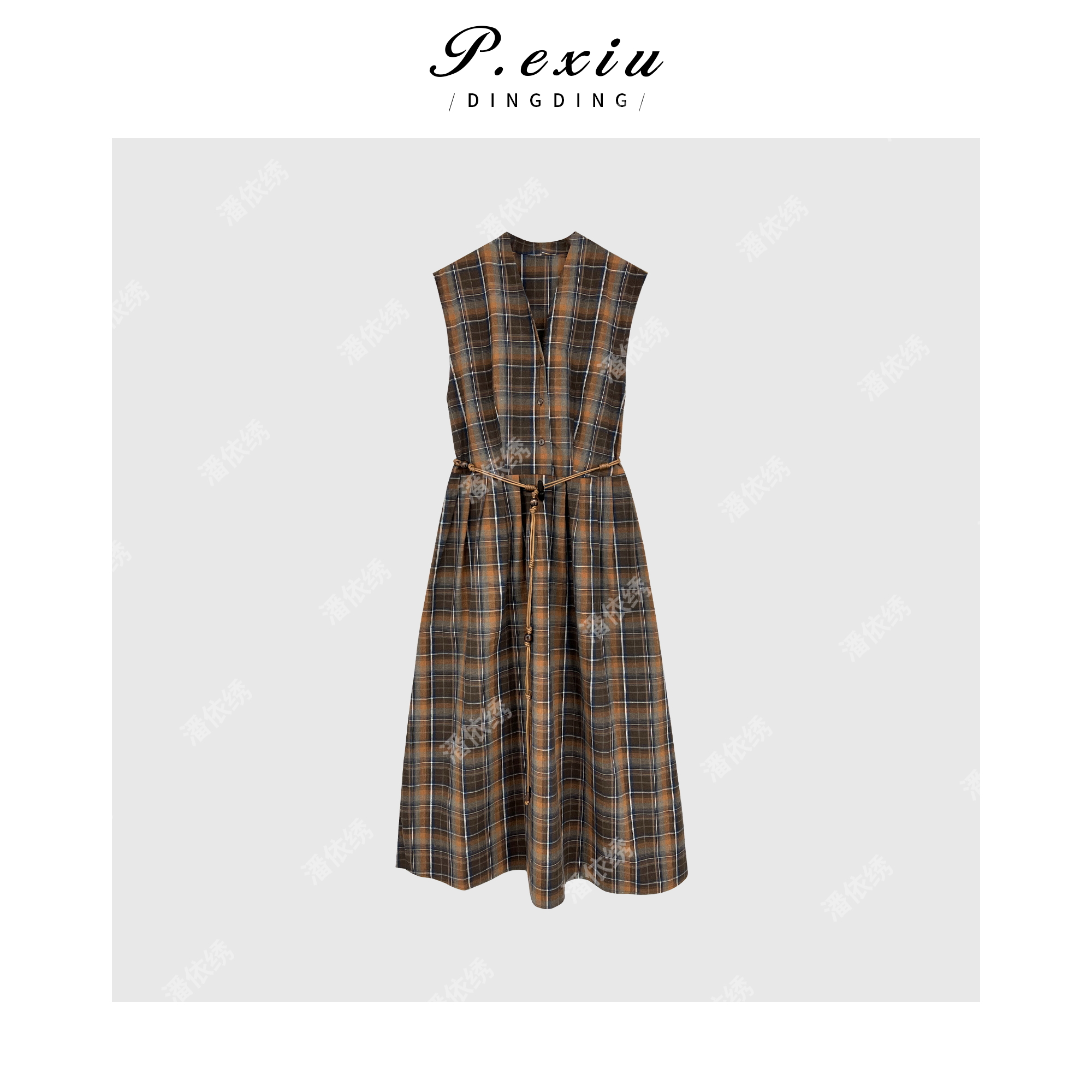 法式优雅格纹V领背心连衣裙Q4585