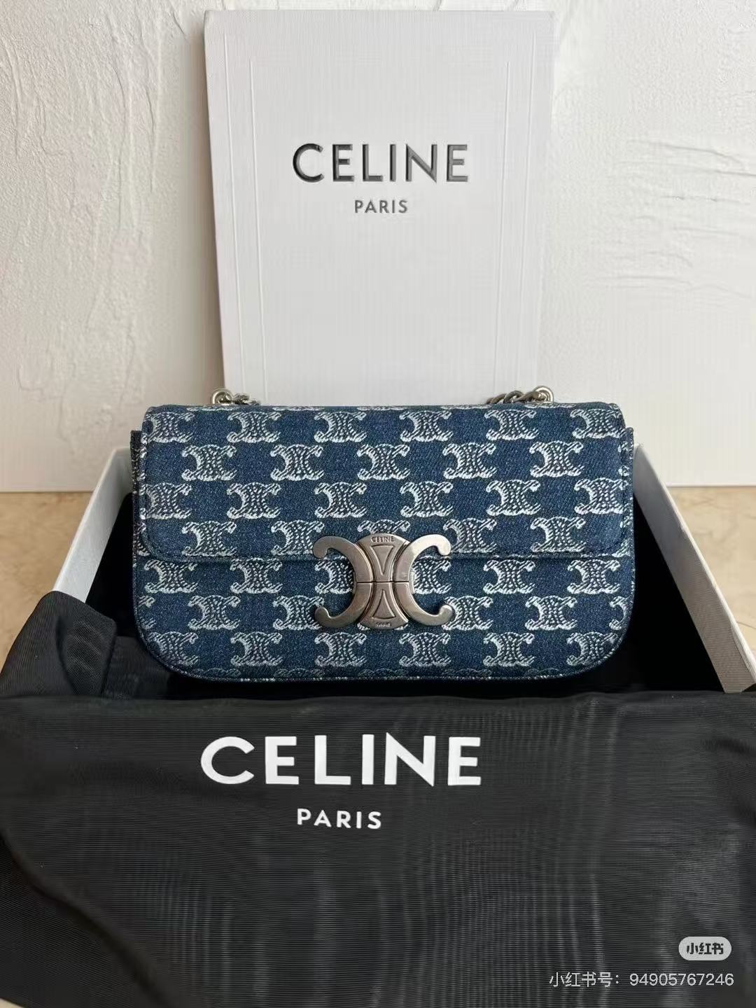 95新 Celine/思琳 GGS凯旋门牛仔丹宁银扣腋下包 39456659