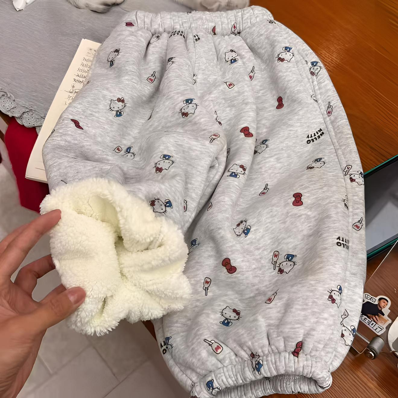 【一条过冬】儿童羊驼绒加绒加厚长裤子冬季超厚保暖印花灰色长裤