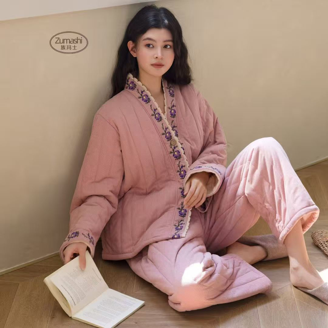 族玛士睡衣女秋冬季2025新款加绒加厚保暖夹棉复古国风套装家居服