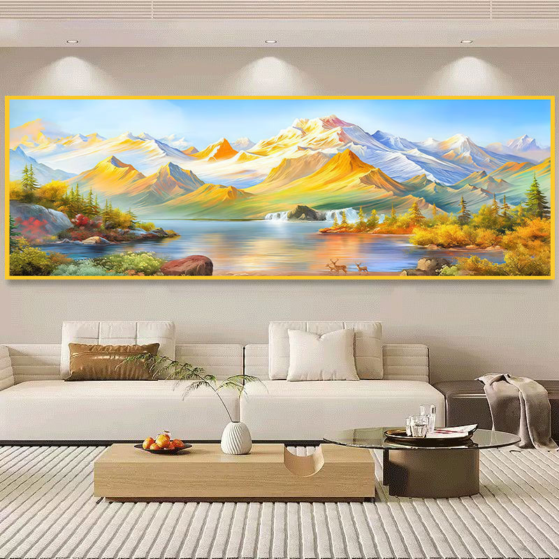 背靠金山聚宝盆山水画卧室床头装饰画客厅沙发贴画背景办公室招财