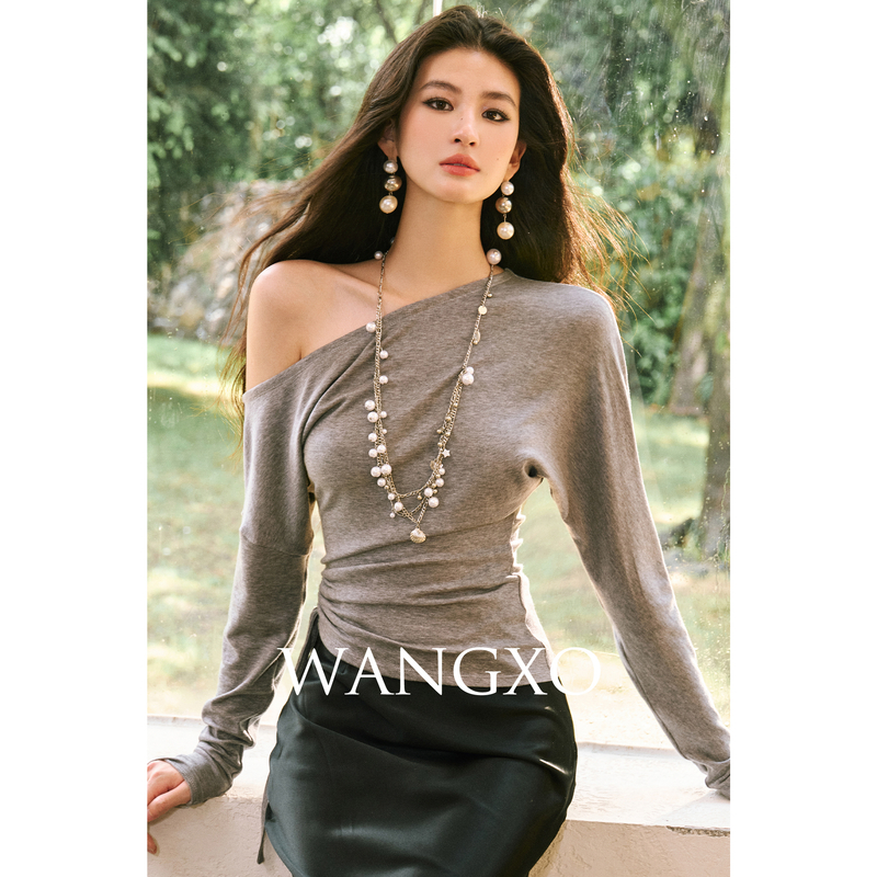 WANGXO  天丝羊毛慵懒斜肩抽绳抽皱上衣253709W