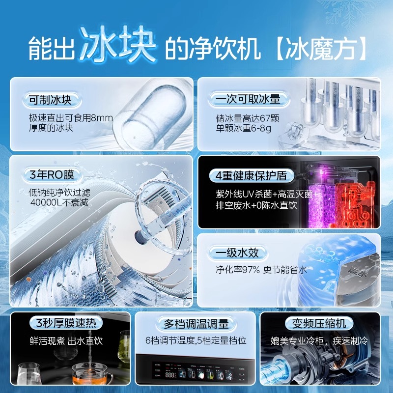 美的冰魔方嵌入式制冰制热制冷直饮机双滤芯RO+FPC
