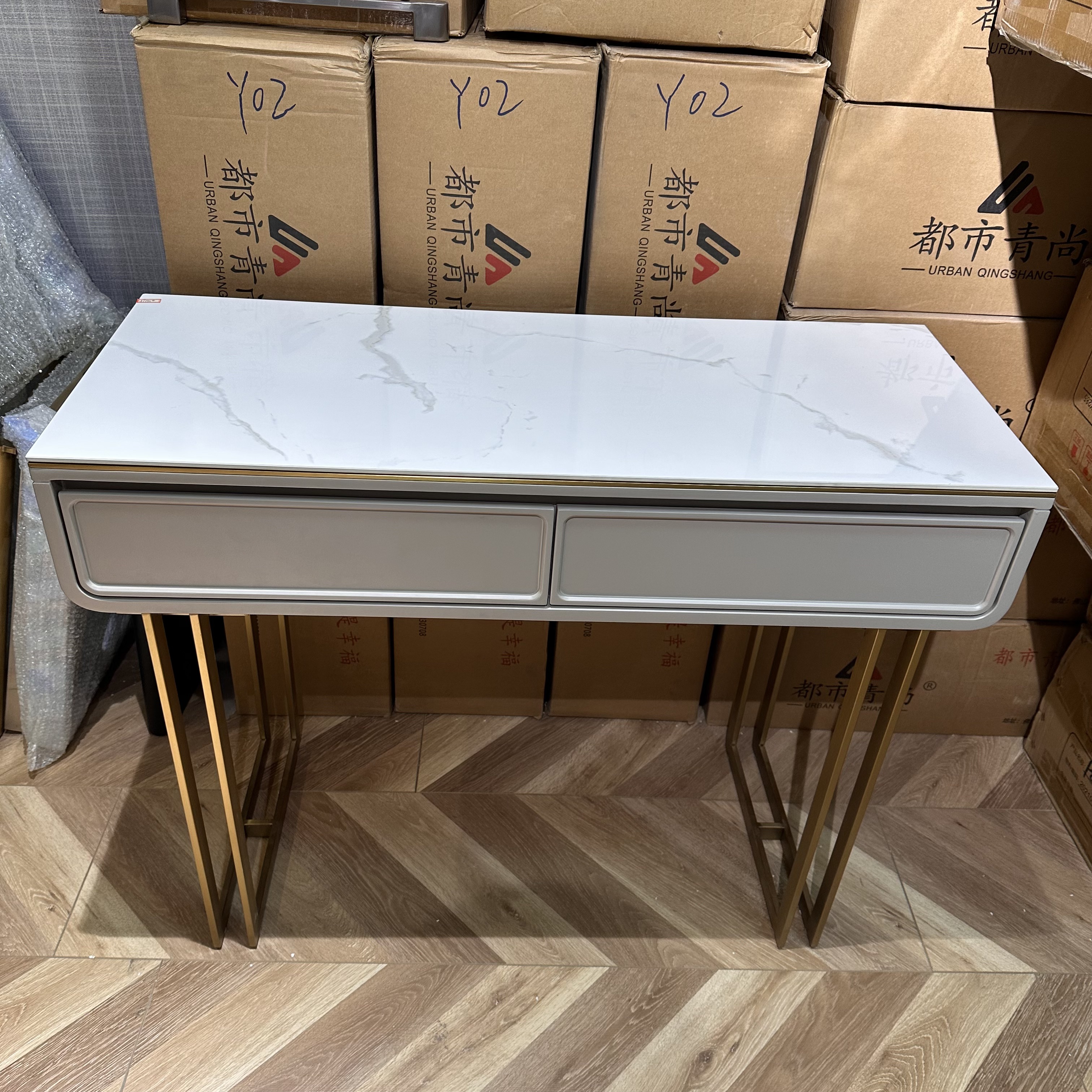 C06白色简约风岩板台面美式意式梳妆台轻奢方形100*40*78CM大促