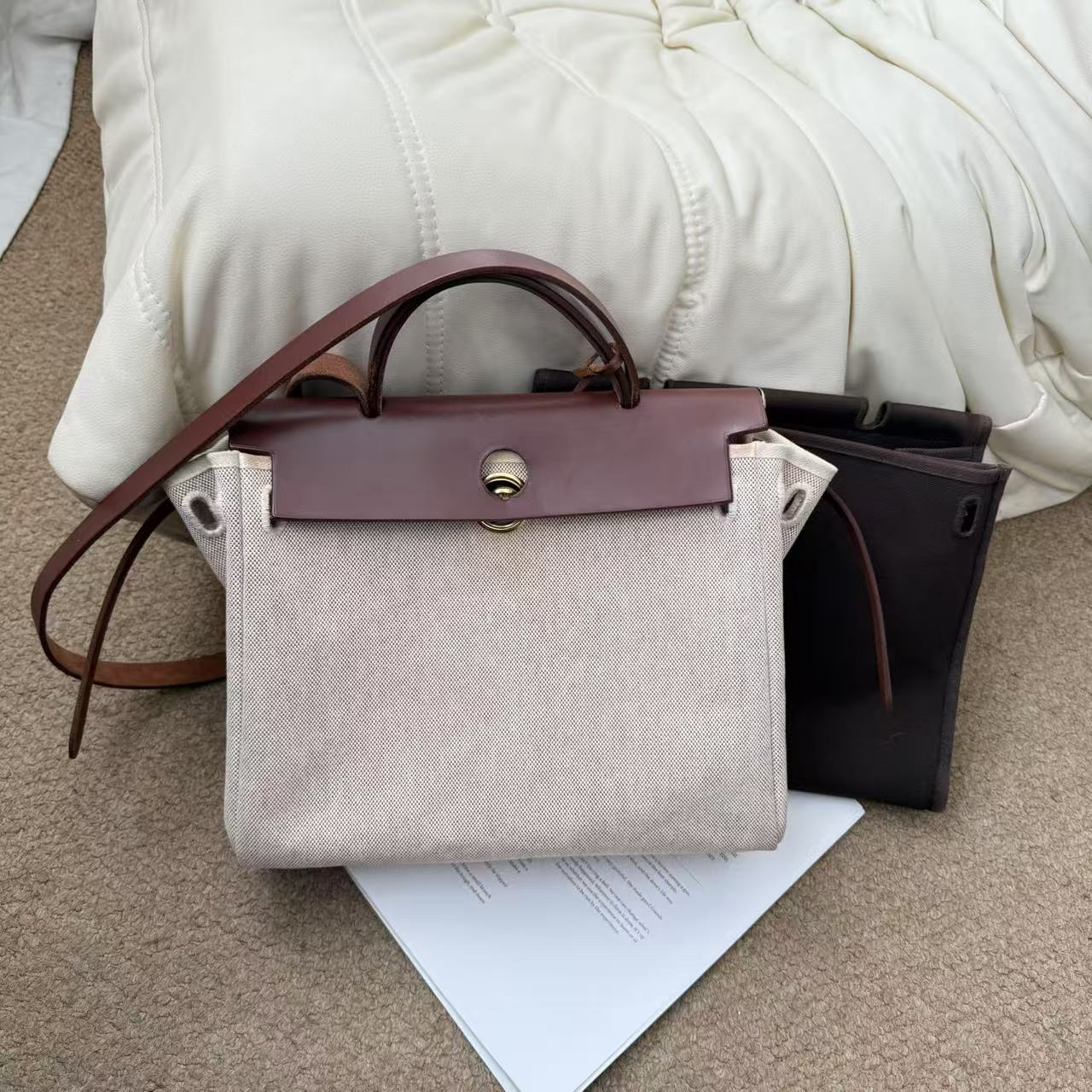 95新 Hermes/爱马仕 乌木色 帆布拼皮 herbag31单肩包/688663378