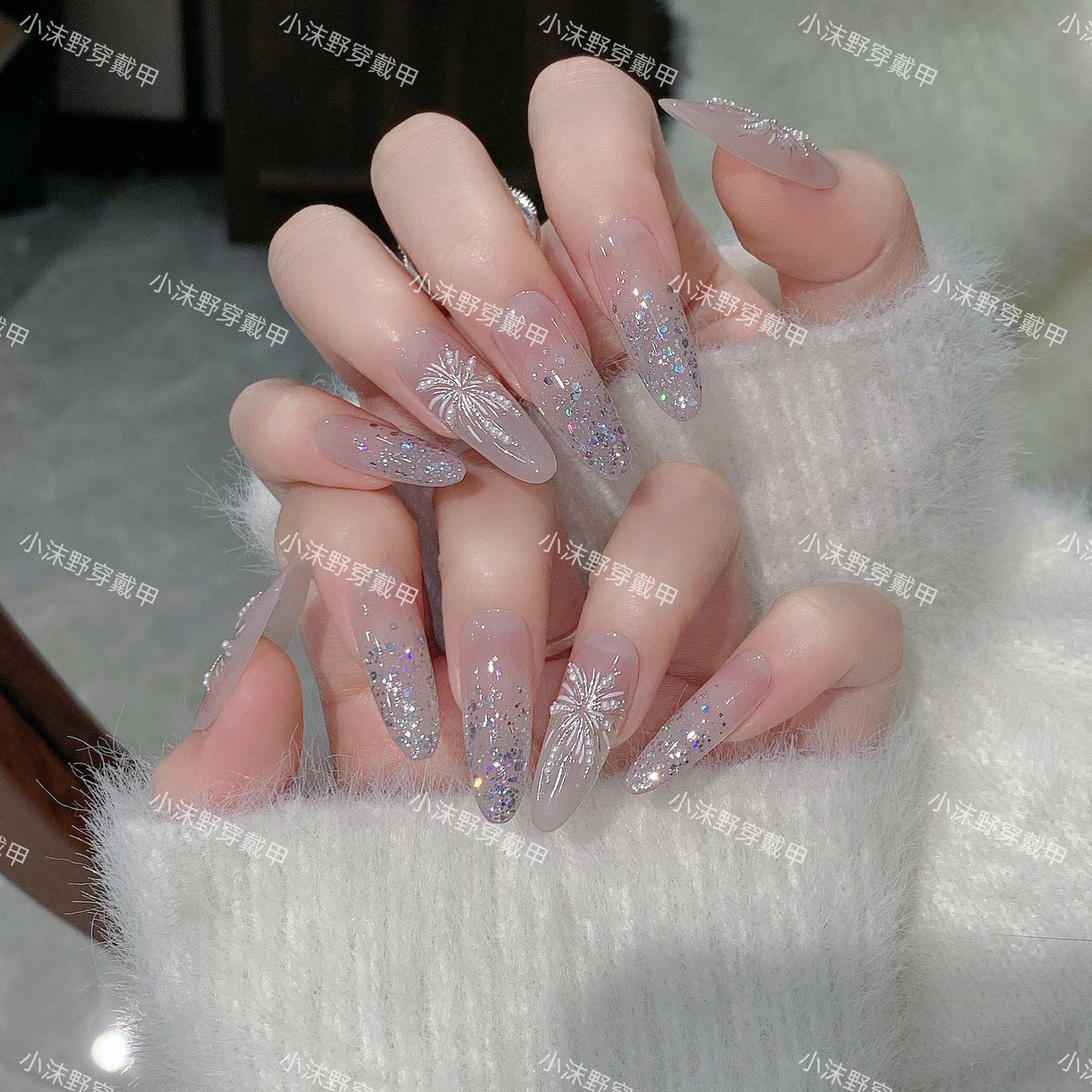 【烟火星辰】小沫野冰透细闪烟花手工穿戴甲显白贵气高级清冷感长款