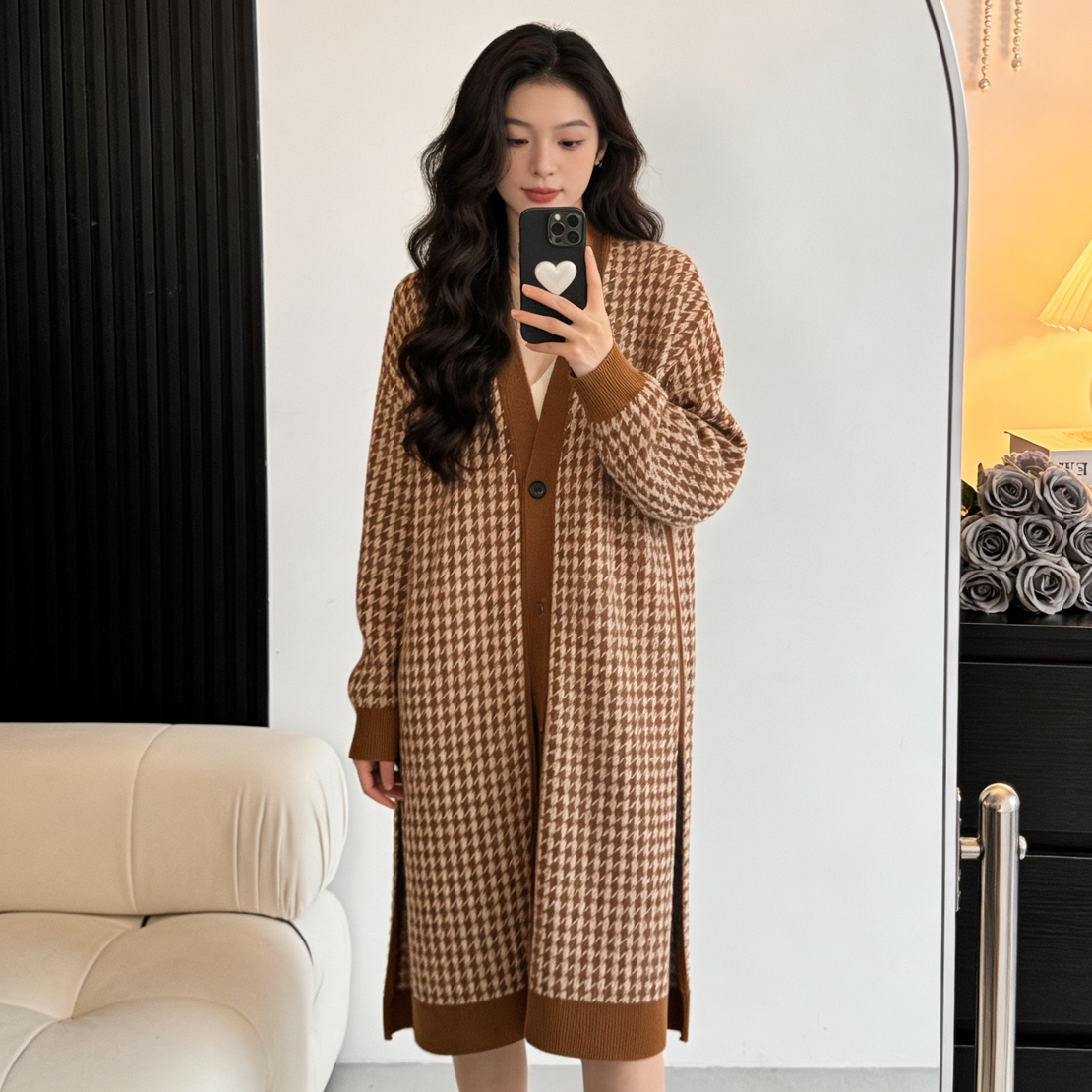 99新 Hermes/爱马仕 E600115/棕白V领长款针织外套/尺码34