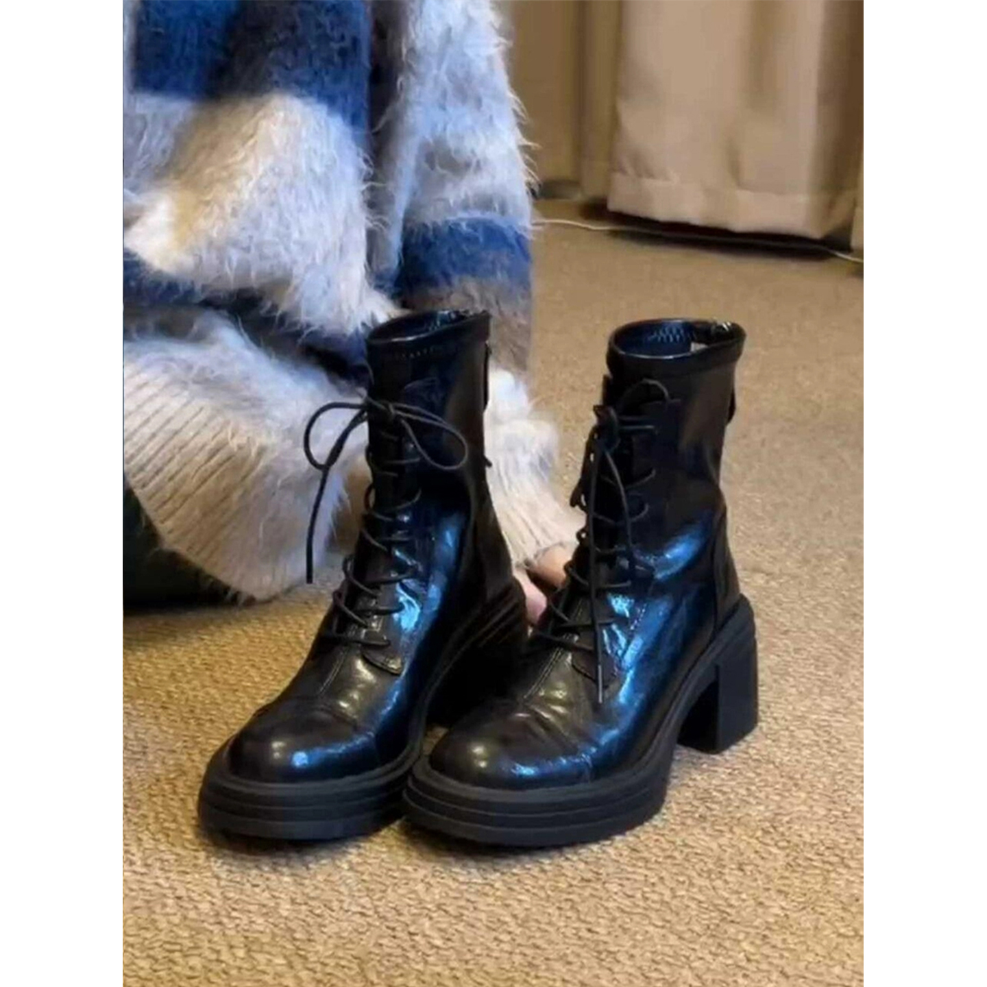 内增高10CM~小个子厚底粗跟马丁靴女2025新款加绒高跟系带短靴子