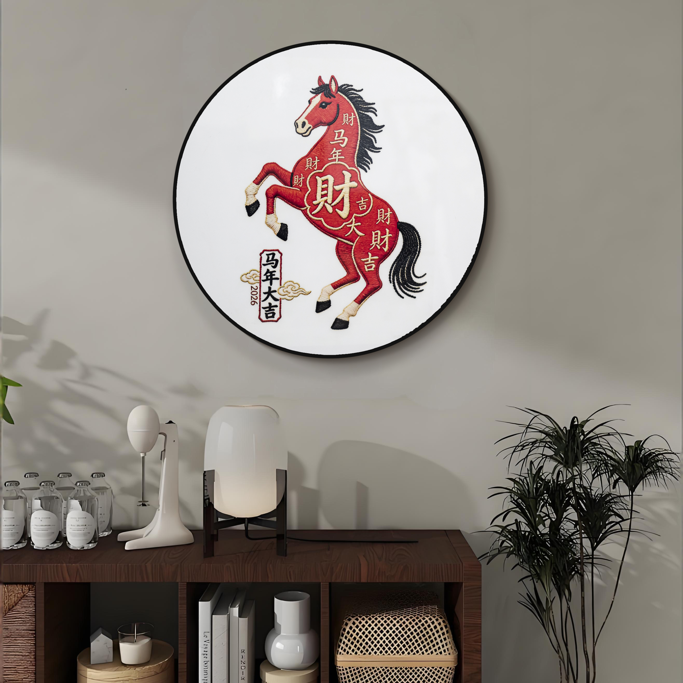 新中式马到成功圆形寓意好办公室客厅餐厅玄关桌面装饰摆画马4040