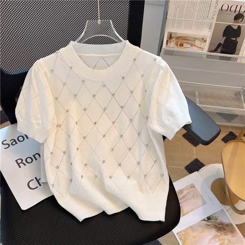 【宠粉福利】欧韩潮时尚2025新款夏季针织镶钻短袖休闲百搭显瘦上衣
