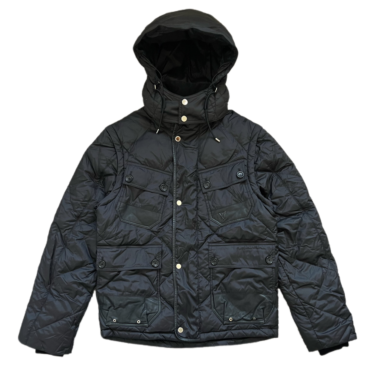 99新 LouisVuitton/路易威登 黑色拼皮胸前刺绣logo羽绒服48码