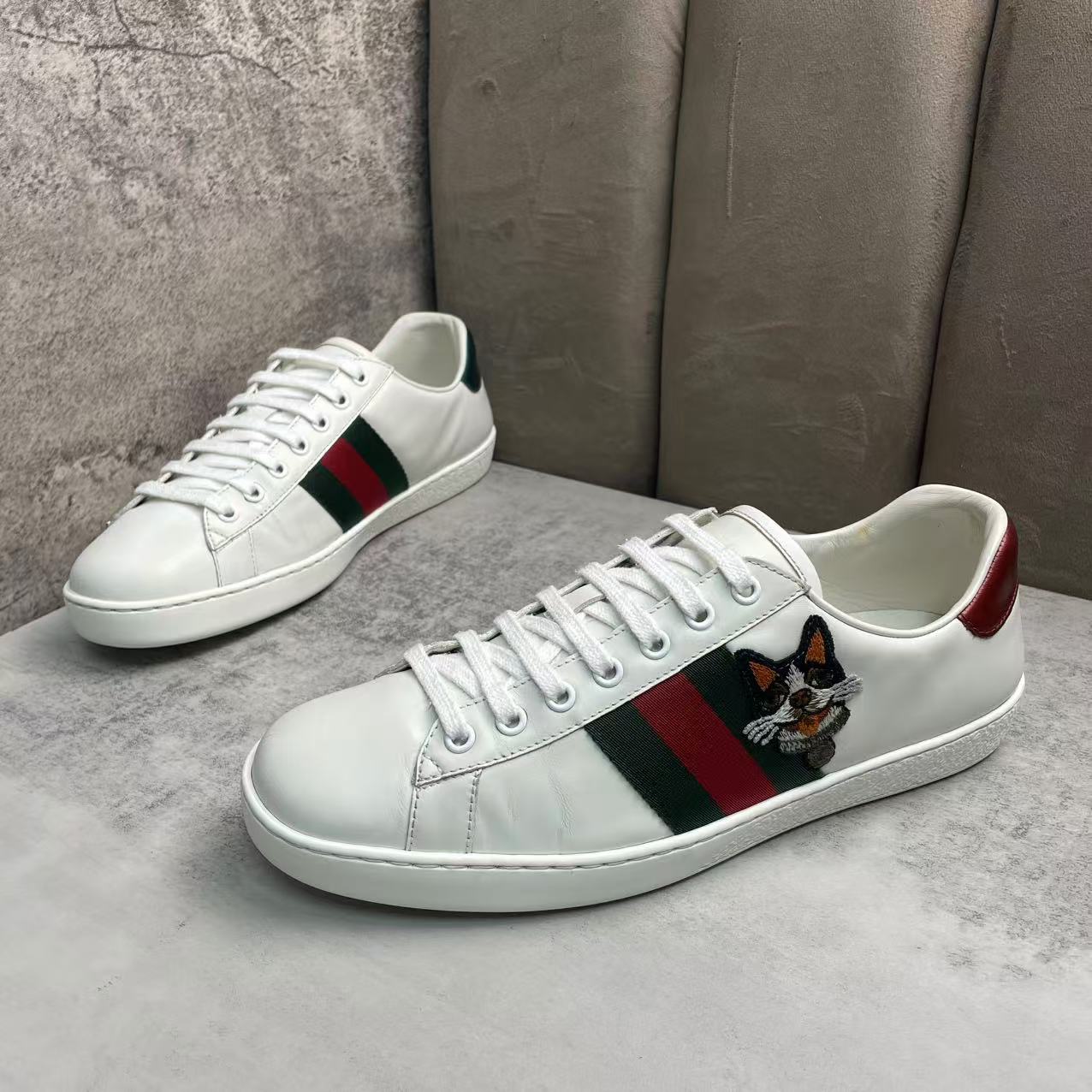 95新 GUCCI/古驰 白色皮革条纹织带法斗刺绣低帮板鞋/41.5码/96新
