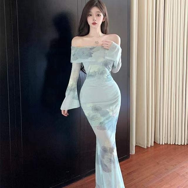 新中式一字肩网纱长袖连衣裙女夏季性感修身包臀鱼尾礼服旗袍长裙