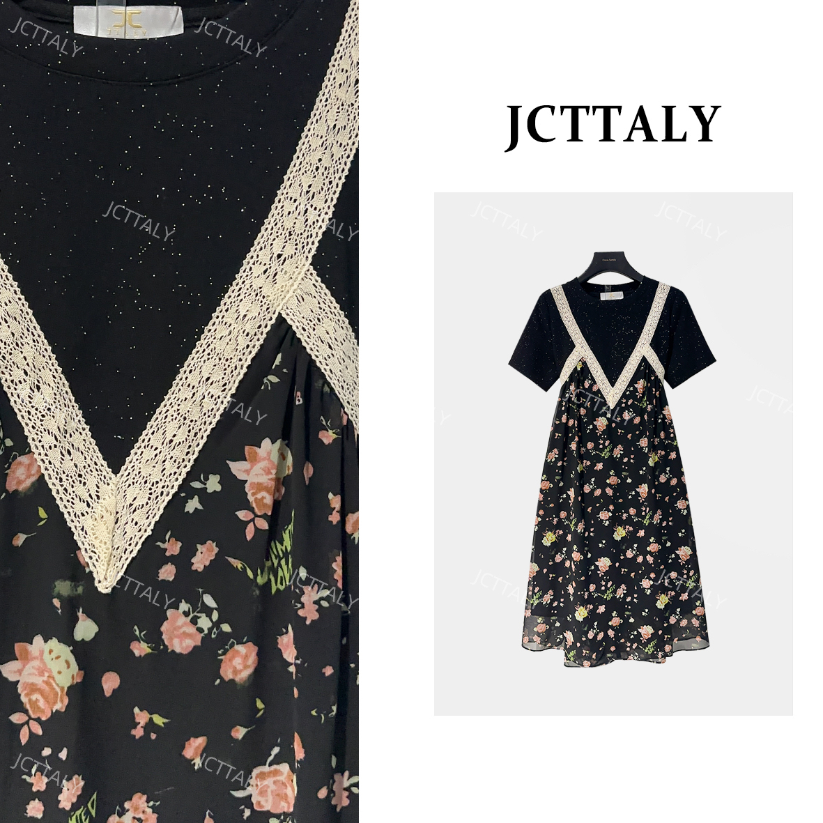 【宠粉价】蕾丝拼接碎花连衣裙女25夏季新款显瘦A字版纱裙JC-A3420