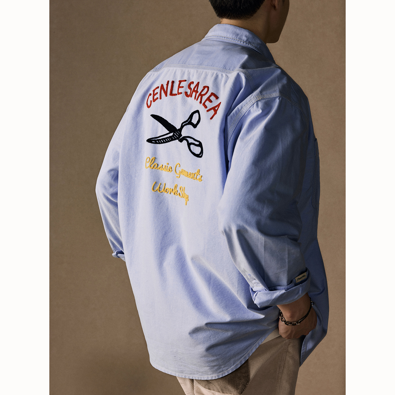 CENLES 长绒棉牛津纺工装长袖衬衫男宽松美式复古衬衣绣花