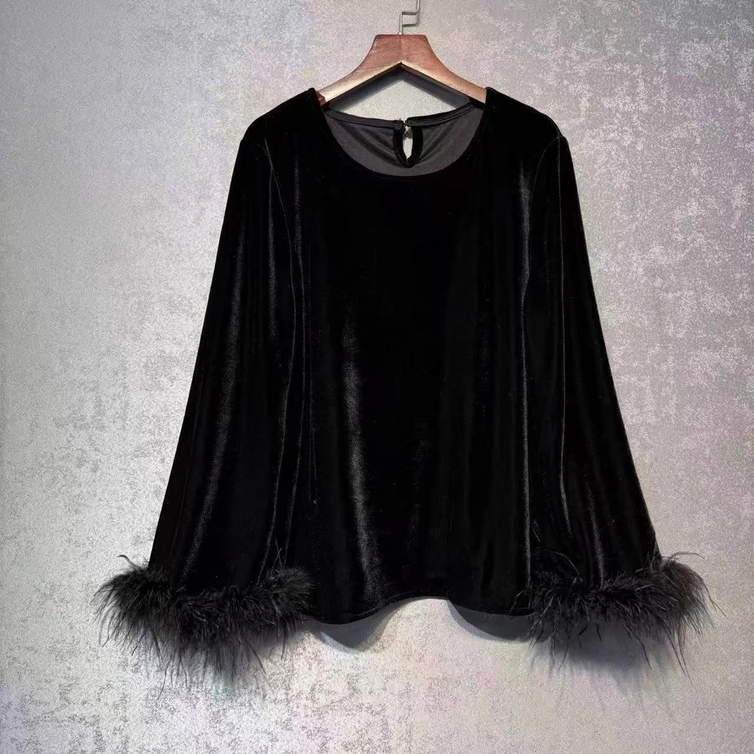 新中式丝绒拼接毛袖可拆卸圆领国风女士打底上衣冬季新款