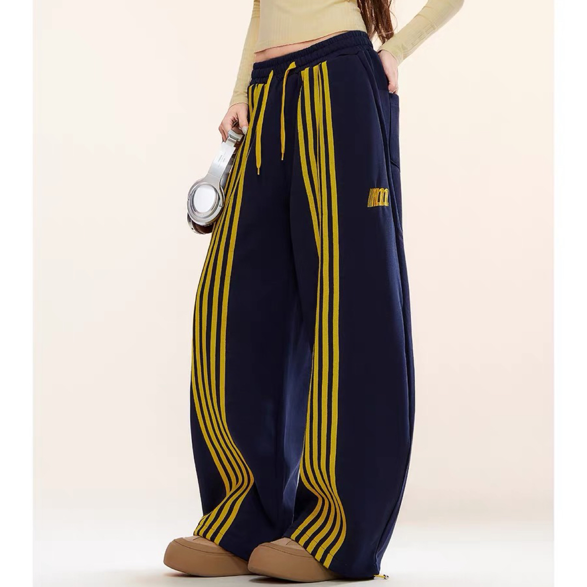 5656复古撞色拼接条纹卫裤