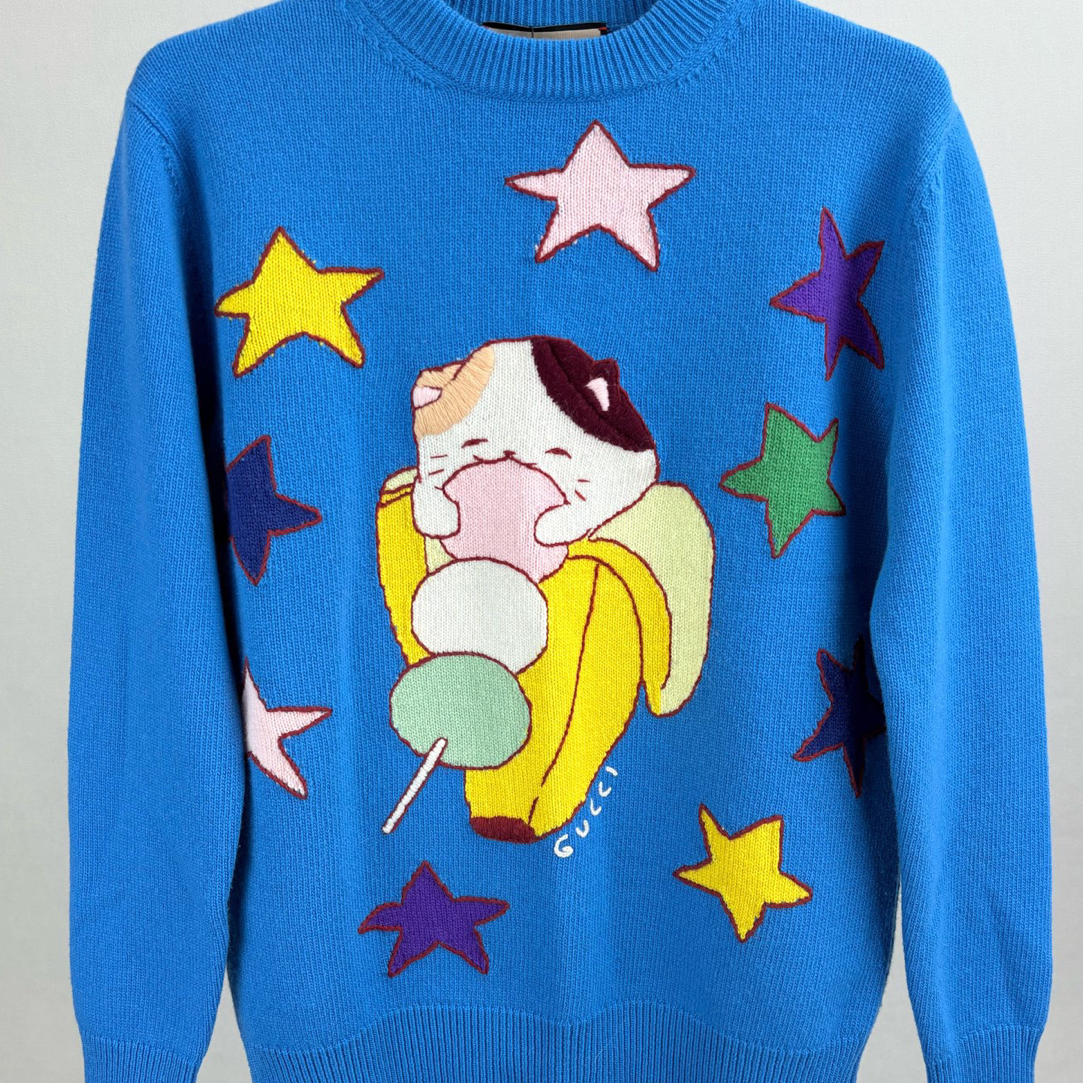 99新 GUCCI/古驰 GUCCI古驰克莱因蓝香蕉猫羊毛毛衣S码15492