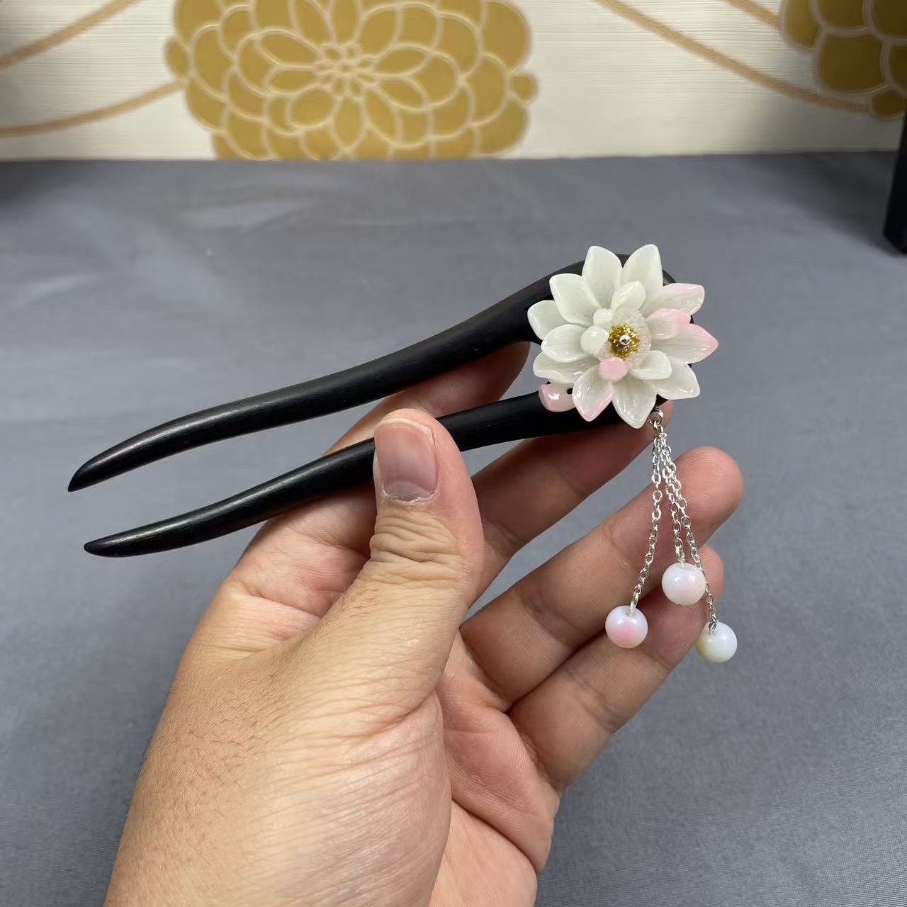 粉白色莲花黑檀木发簪发钗新中式头饰发饰古风盘发簪簪子简约现代