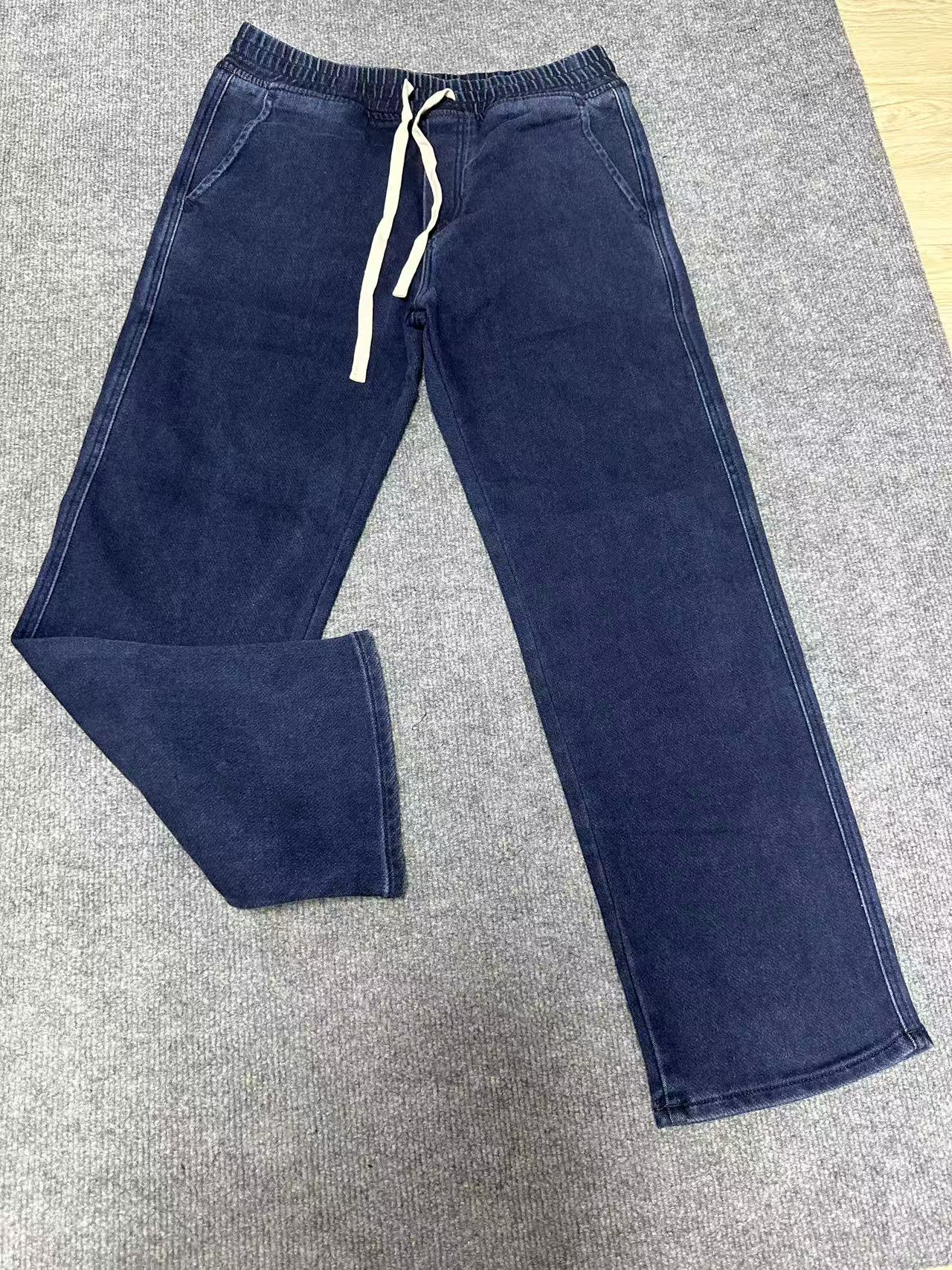 秋冬款牛仔长裤 大直筒 加厚 抽绳腰 针织牛仔棉 深蓝色 男女同款