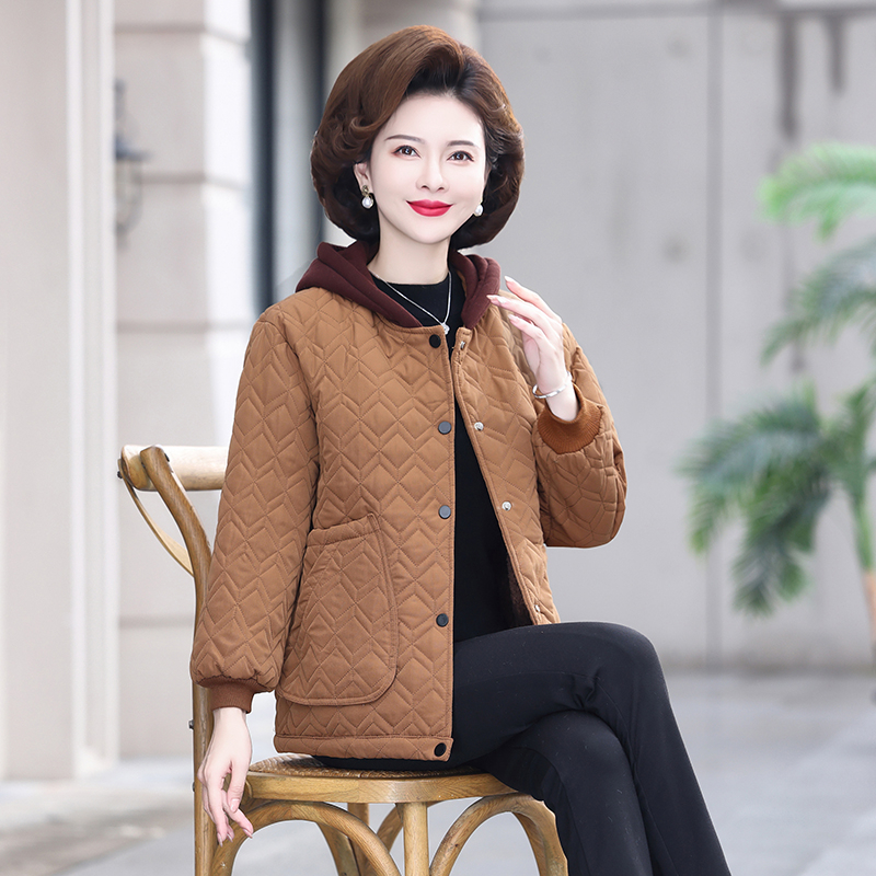 妈妈秋冬加绒外套洋气小棉衣服时尚连帽短款中老年女冬装加厚棉袄