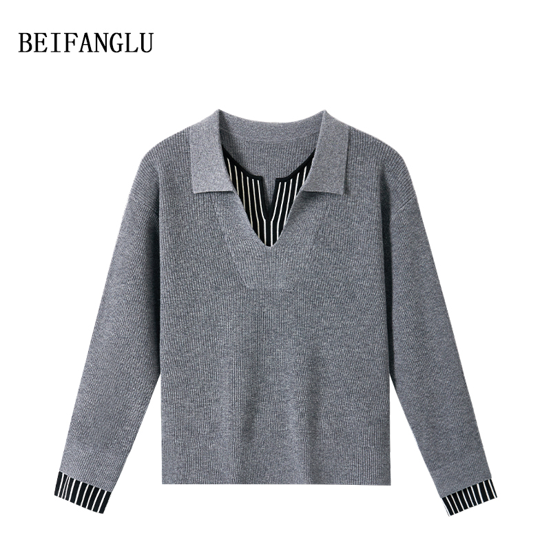 北方鹿【100%绵羊毛】设计款拼接条纹假两件套头针织羊毛衫M96D0465