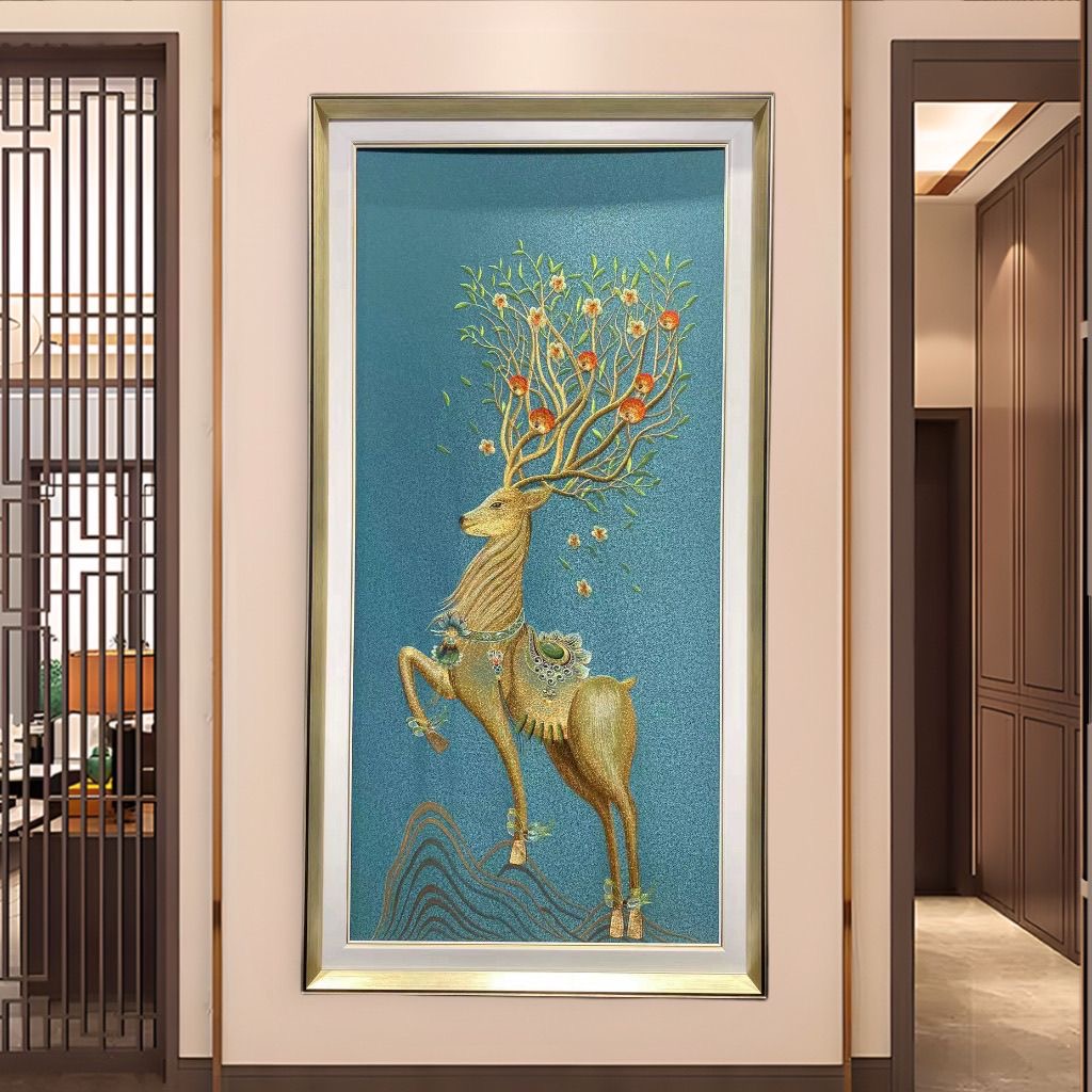 织锦绣高端刺绣挂画迎门墙玄关画金鹿装饰画走廊墙壁画苏州刺绣画
