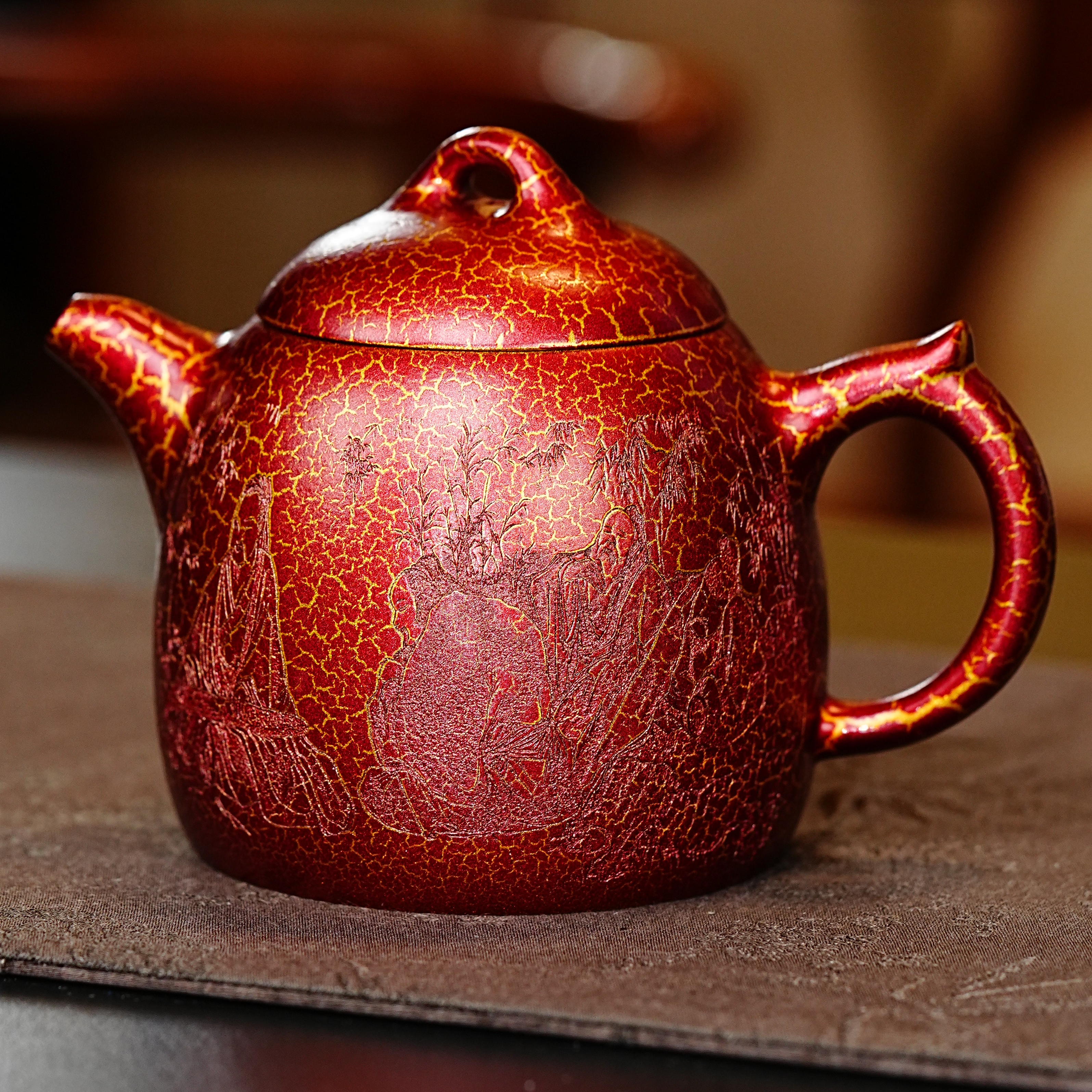 宜兴原矿紫砂金贝柴烧竹林七贤紫砂壶