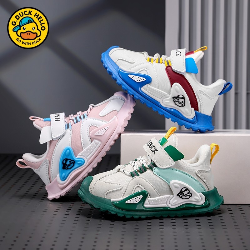 小黄鸭儿童二棉/皮面双网男童魔术贴22-37耐磨防滑学生跑步鞋7003