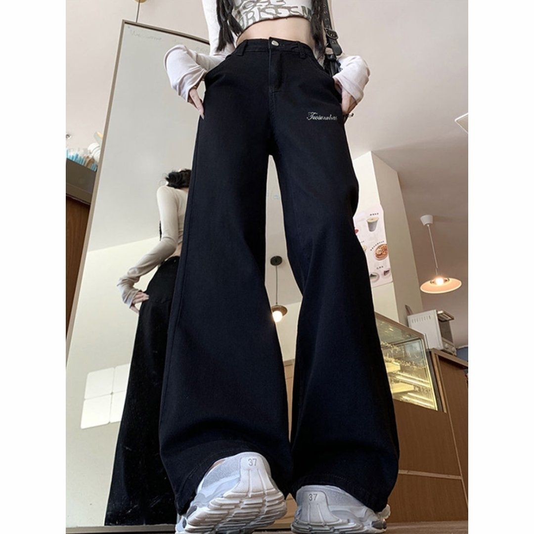 新款弹力A版阔腿牛仔裤子女ins潮流百搭高腰显瘦宽松遮肉休闲1072