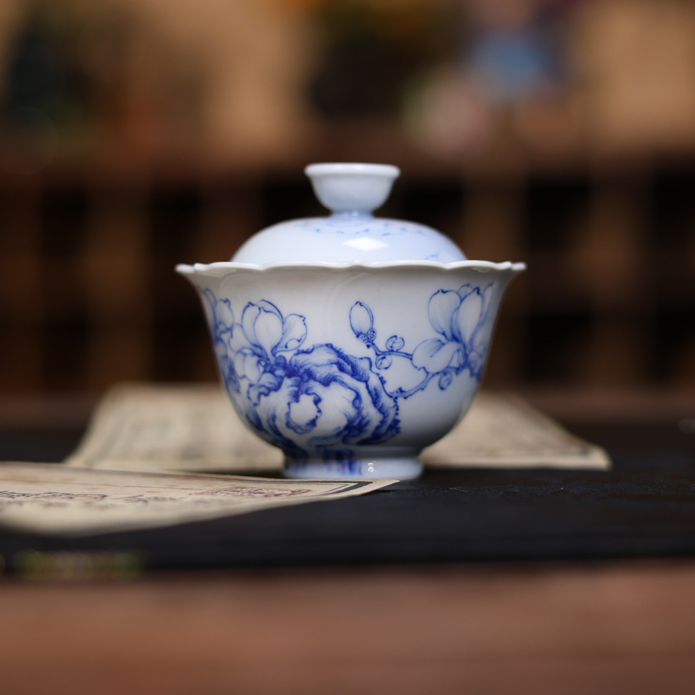 【悦生活】青樵轩-花口玉兰盖碗-90ml（青樵S0342）